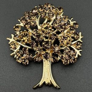Yellow Gold with Champagne Topaz Crystal Blooming Tree Pin Back Brooch